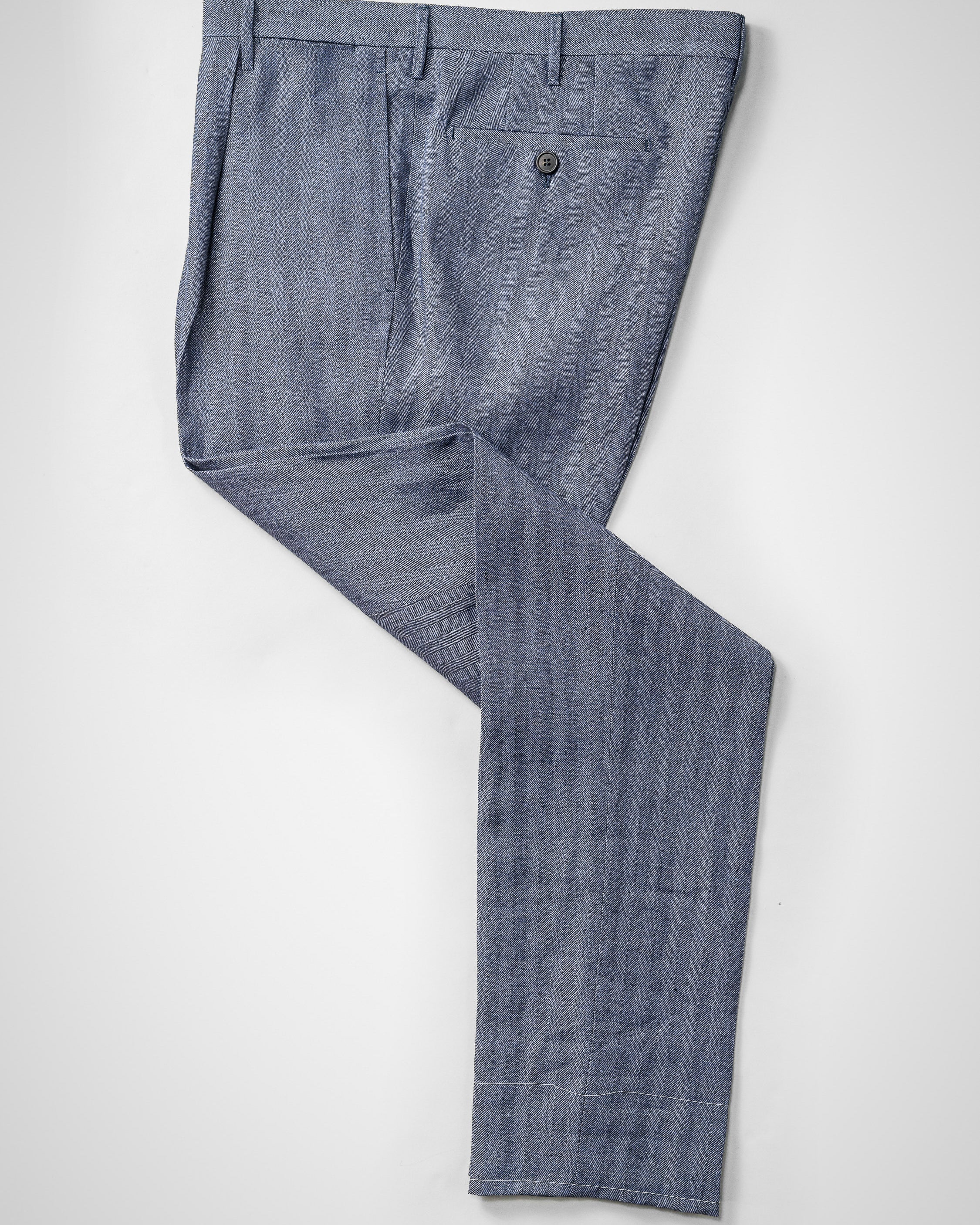 Pantaloni in lino blu medio a spina di pesce, vestibilità regolare