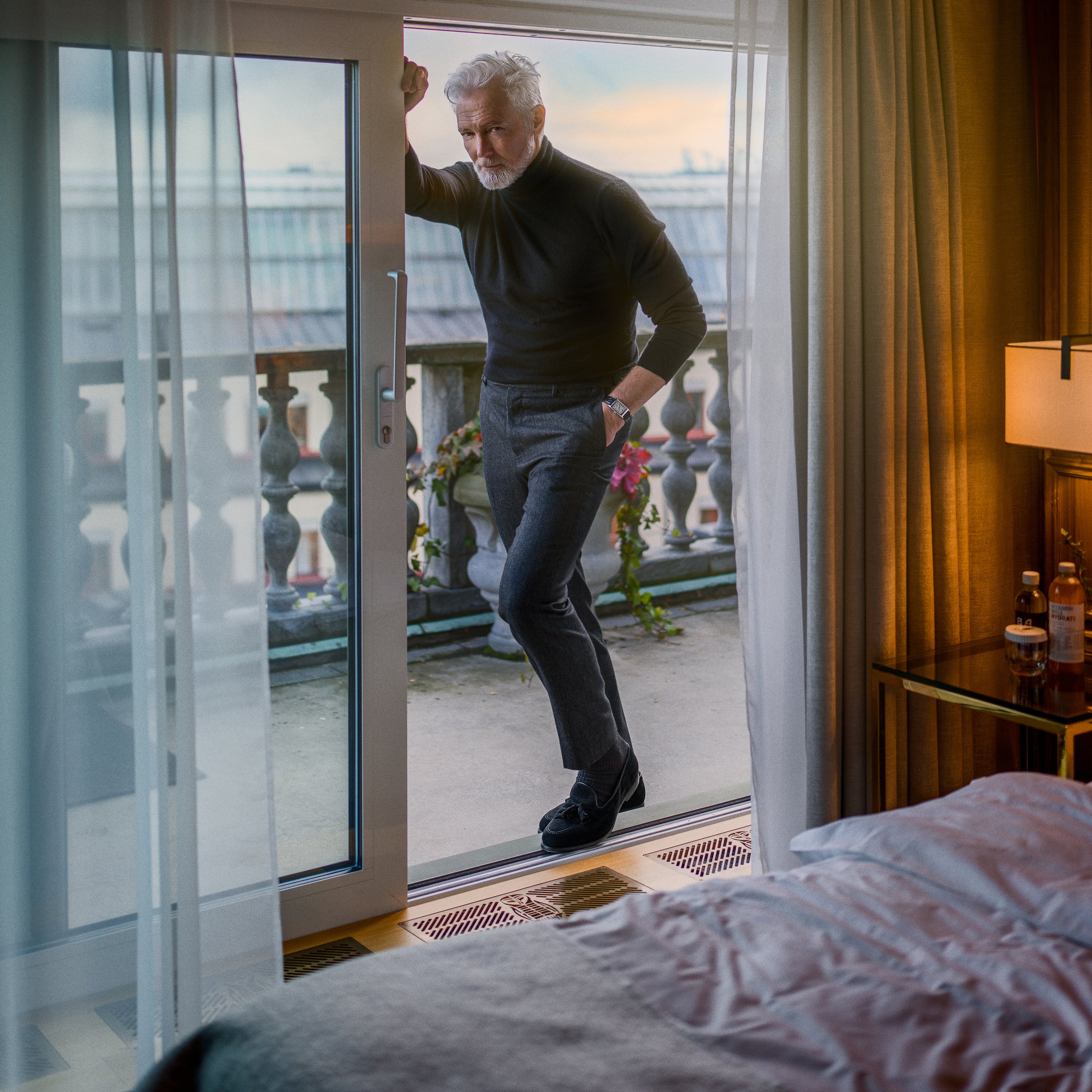 Black denim cotton wool trousers