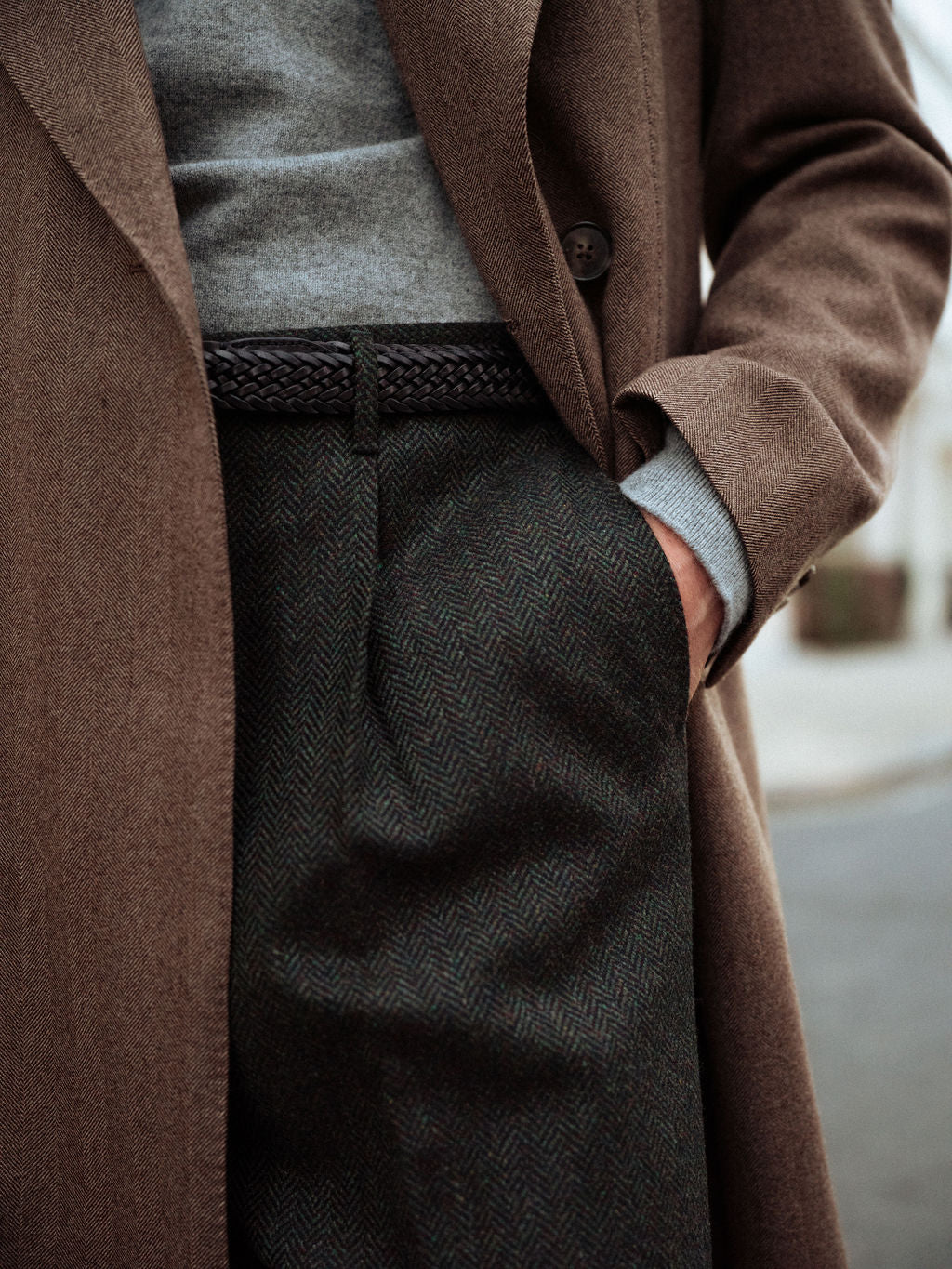 Green melange herringbone wool cashmere trousers