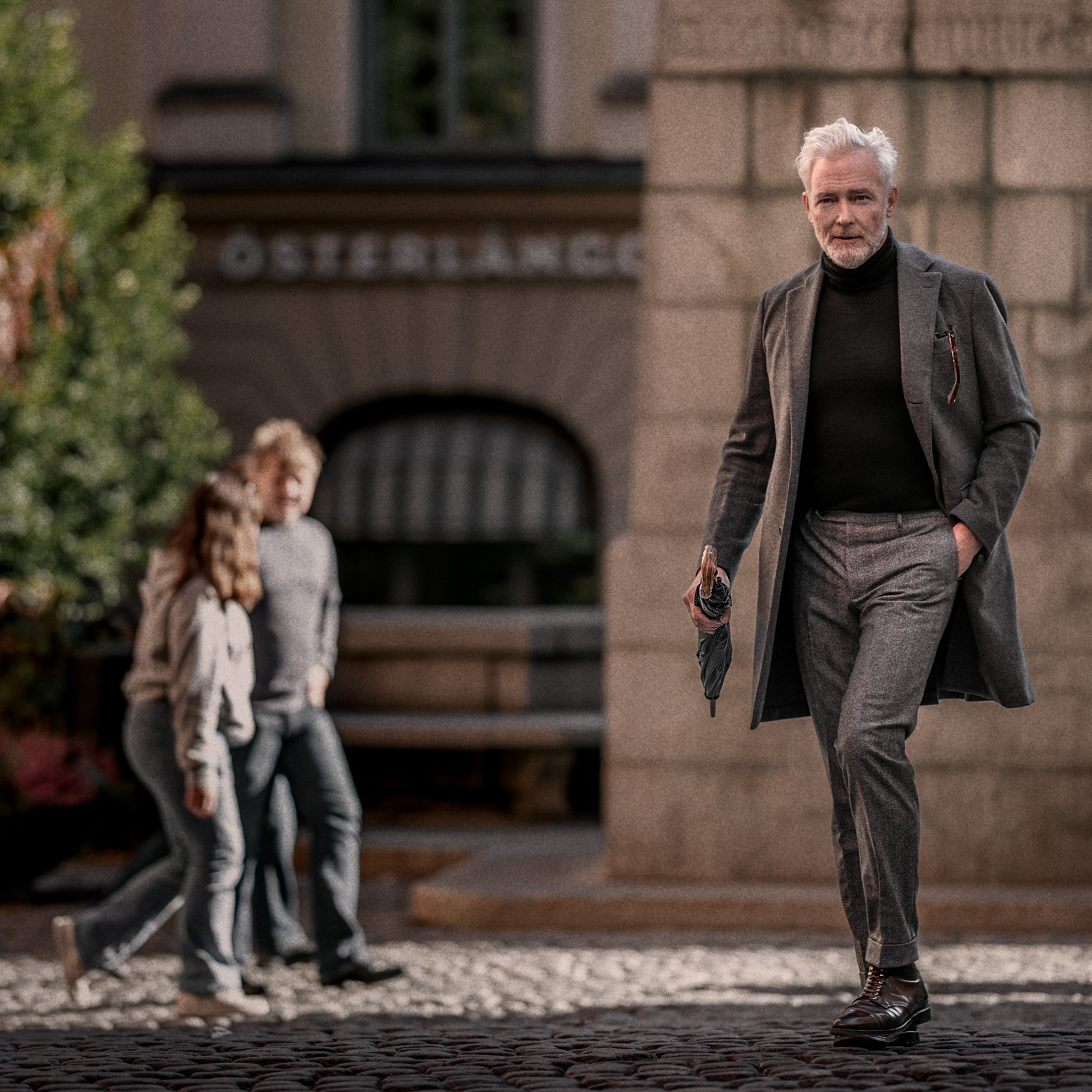 Grey herringbone flannel trousers