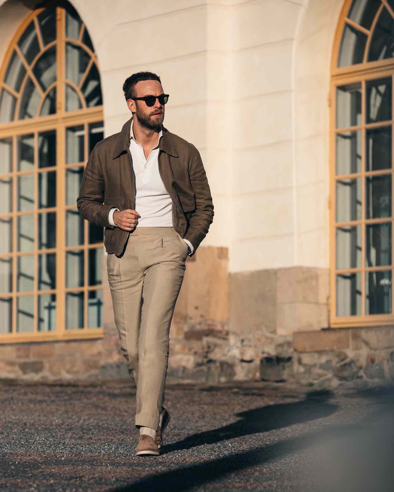 Beige pair of regular fit linen trousers