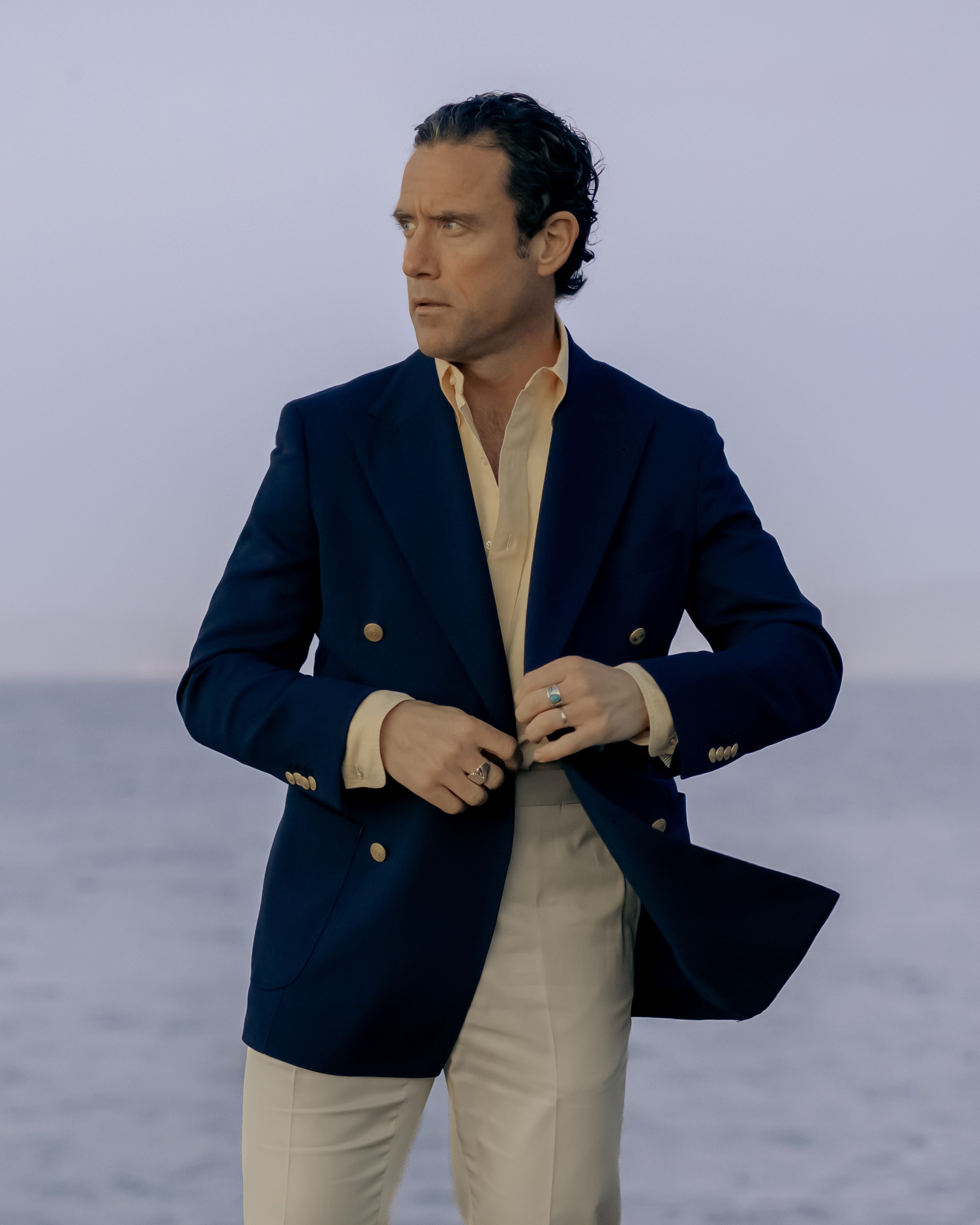 Light beige pair of regular fit supima cotton trousers