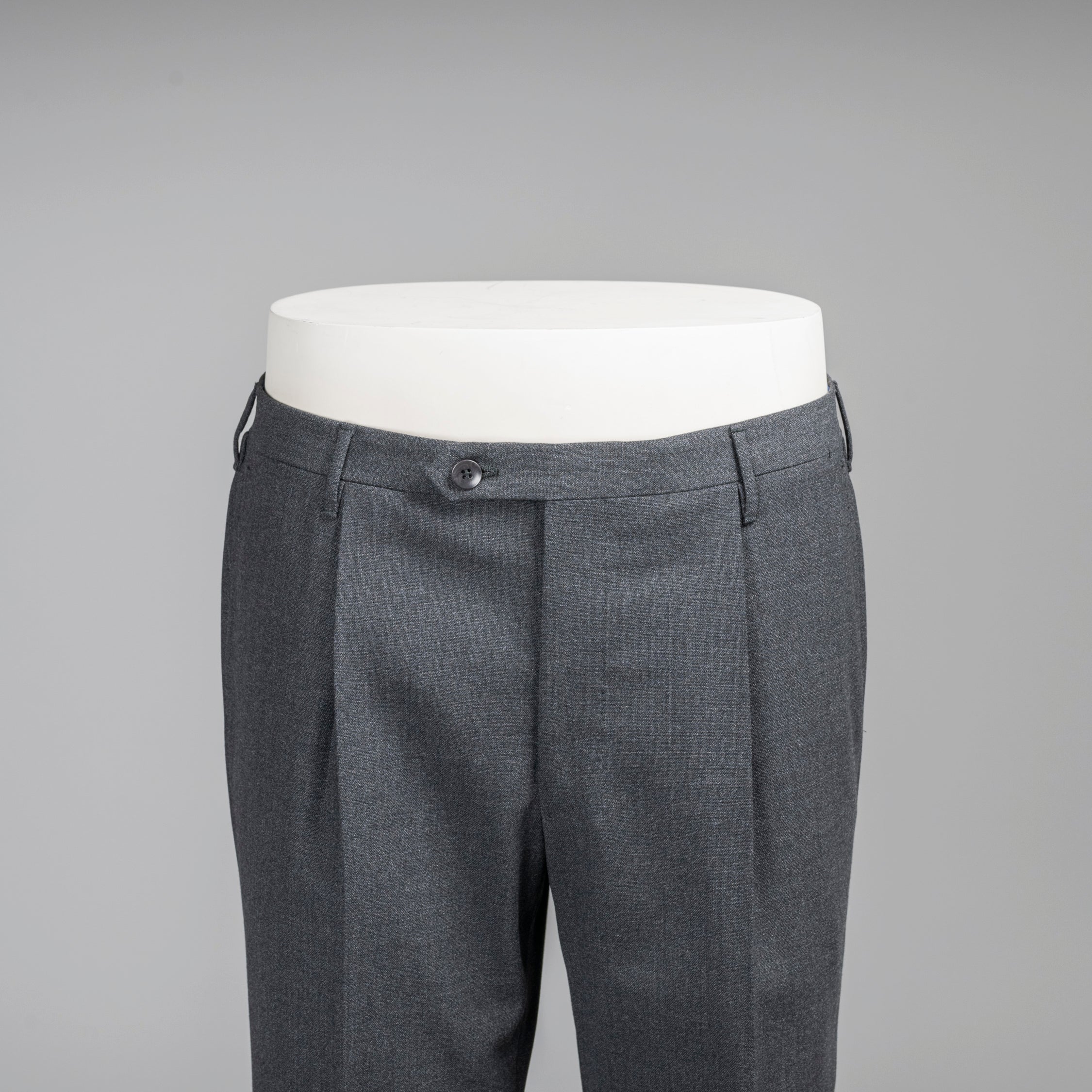 Dark grey pair of regular fit four ply wool trousers