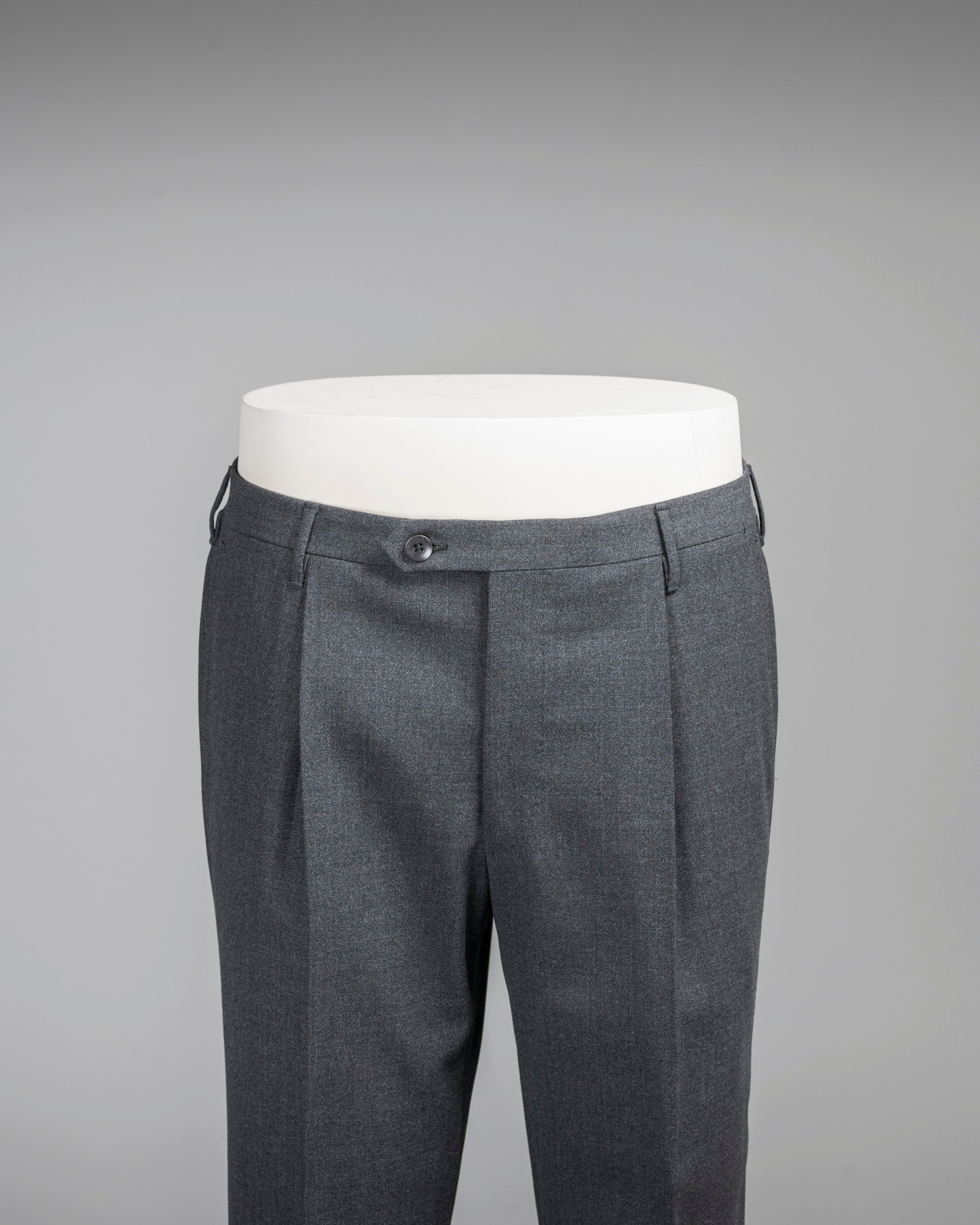 Dark grey pair of regular fit four ply wool trousers